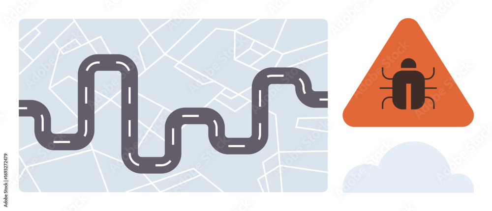 Poster winding road map paired with a triangular warning sign featuring a bug icon, symbolizing challenges 