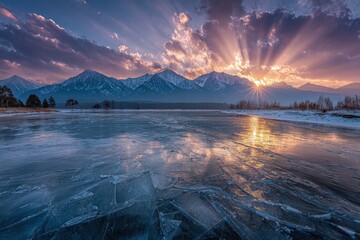Frozen Lake Sunrise Mountain View