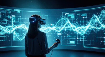 Woman Using VR Headset in Futuristic Data Visualization Environment