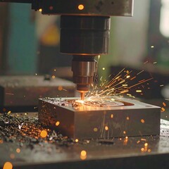 Metalworking machine cutting metal, sparks flying (1)