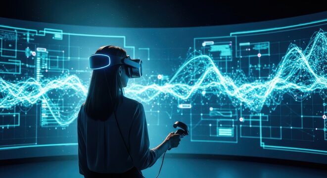 Woman Using VR Headset in Futuristic Data Visualization Environment