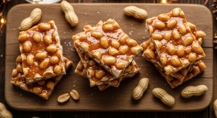 Obraz premium Delicious Homemade Peanut Brittle Candy Bars With Roasted Nuts