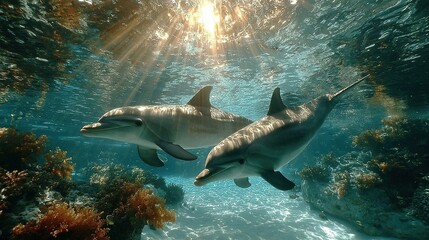 Fototapeta premium Two dolphins swim underwater with sun rays shining through the water surface.