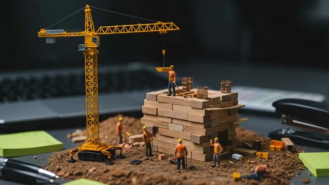 Miniature Construction Scene: Workers Building with Wooden Blocks and Crane