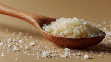 Exfoliating sugar scrub with wooden spoon and salt crystals, natural spa skincare beige background