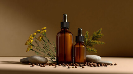 Natural skincare amber oil dropper bottles with botanical accents, minimalist beige background