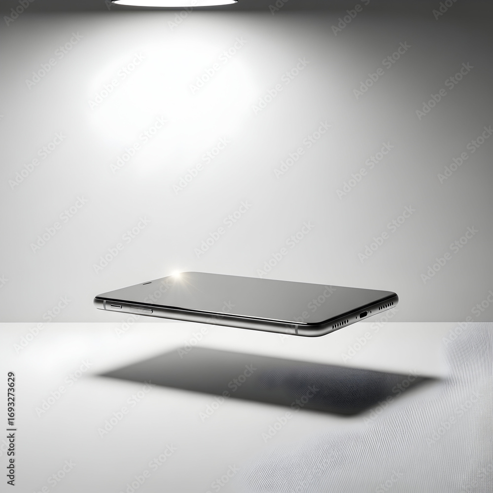 Poster smartphone floating in studio light with minimalist gray background