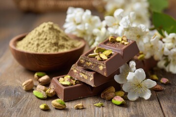 Fototapeta premium Dark chocolate with pistachios and flowers