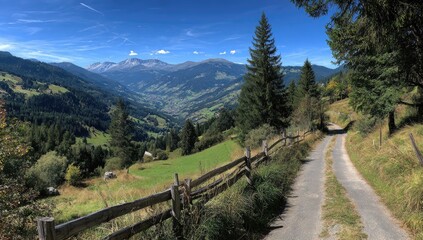 Mountain valley vista, path and rustic fence