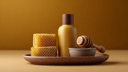 Premium nourishing honey skincare lotion with wooden dipper and honeycomb in warm tones