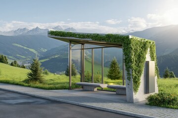 Modern Bus Stop With Mountain View