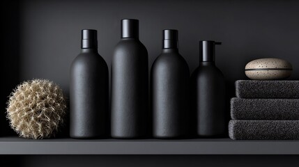 Body wash bottles with loofahs in bathroom shelf style, monochrome minimalist wellness arrangement