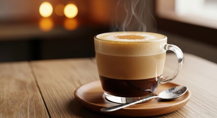Obraz premium Delicious Hot Coffee With Creamy Foam Served In A Glass Cup On A Wooden Table