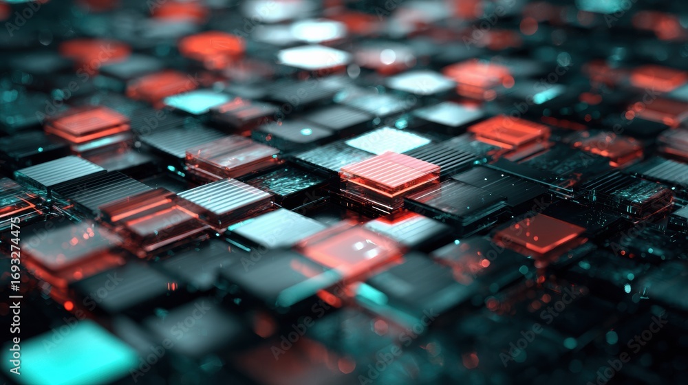 Poster botulinum therapy design block with futuristic red and black square patterns in a high-tech setting