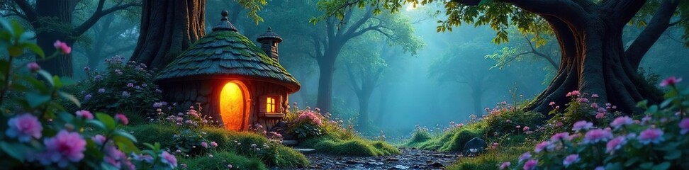 Obraz premium Enchanted grove with ethereal light illuminating whimsical fairy dwellings nestled amongst ancient trees and glowing flora A scene of serene, mystical beauty , legend, mystical, spirituality