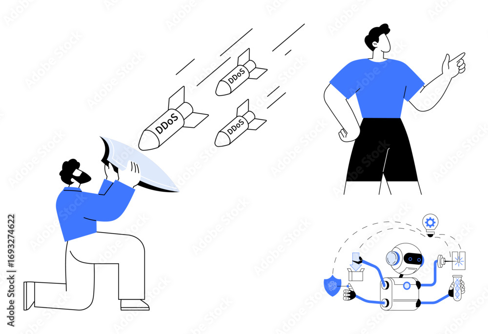Poster man using shield to block ddos missiles, another figure supervising, and robot managing multiple cyb