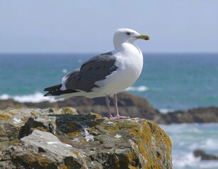 Seagull perched on a rock overlooking the ocean
