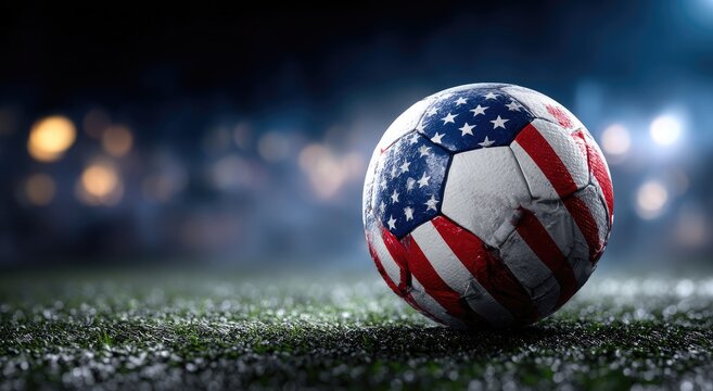Soccer ball with American flag design on a field at night