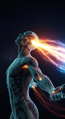 Human anatomy muscle energy light power futuristic digital science technology emotion concept. muscular human figure with glowing energy beams radiating from head symbolizing power and futuristic