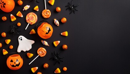 Generated image : Minimalist flat lay of Halloween candy and decorations on black background, space for text, photorealistic.
