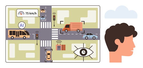 Smart city street intersection with vehicles, AI speed monitoring, traffic lights, sensors, and surveillance. Ideal for urban planning, AI, technology, transportation safety innovation simple flat