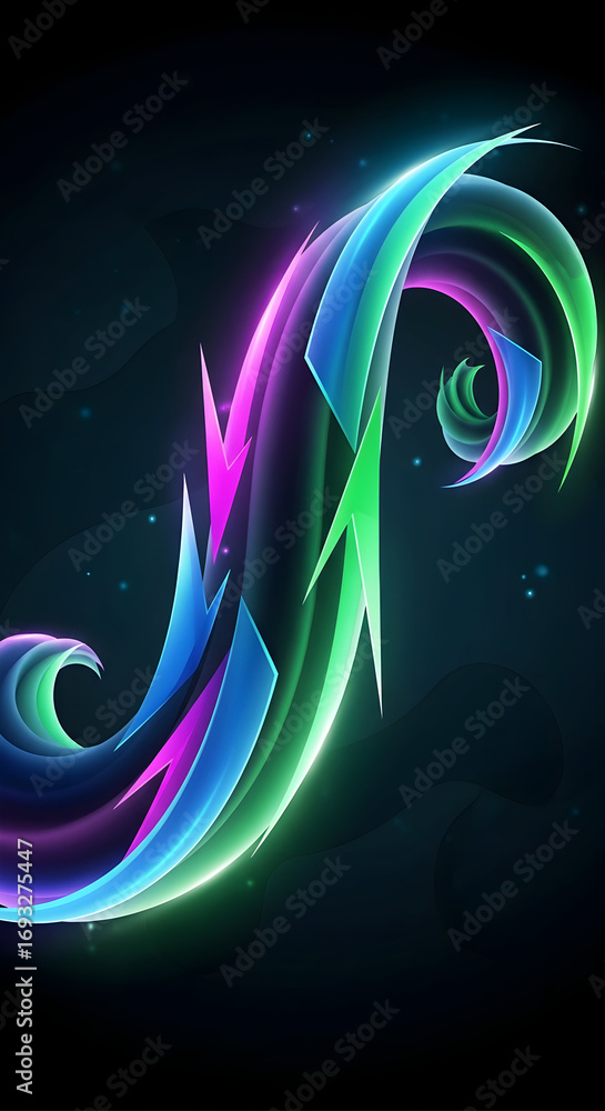 Poster abstract flowing shape with neon lights on dark background