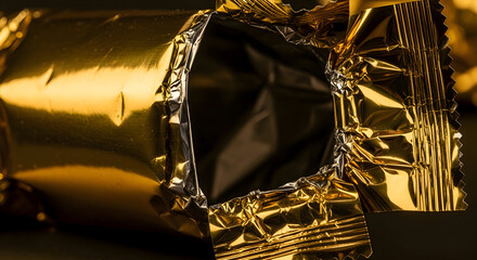 Close-up of an Open, Crumpled Gold Foil Wrapper with an Empty Interior