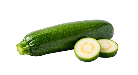 Fresh Green Zucchini and Two Cut Slices Against a Dark Background