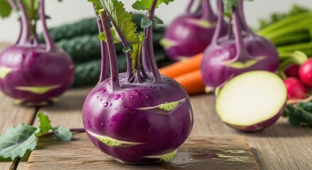 Fresh Purple Kohlrabi Vegetables and Other Healthy Root Vegetables on a Wooden Table