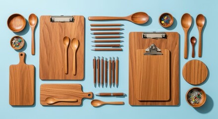Wooden Kitchen Utensils and Office Supplies on Blue Background