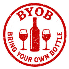 Bring your own bottle sign with wine glasses and bottle design