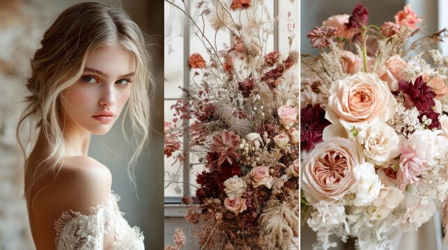 Captivating bridal elegance and intricate floral beauty showcased in a serene composition, highlighting sophisticated wedding aesthetics and natural grace