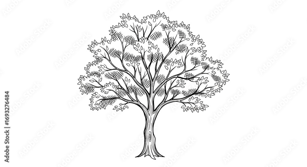 Poster drawing of a single tree with leaves on white background