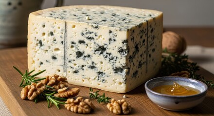 Fototapeta premium Discover the Rich Flavor Profile of Artisan Blue Cheese with Walnuts and Honey
