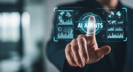 Fototapeta premium Fingertip interacts with futuristic ai interface displaying data charts and analytics