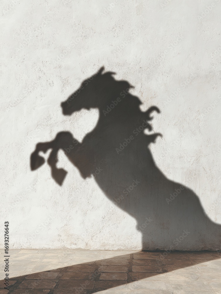 Poster the striking silhouette of a horse rearing appears on a smooth wall, creating a dramatic visual disp