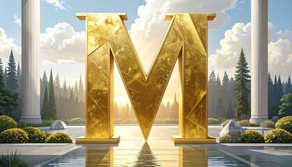 Golden letter 'M' in a classical setting