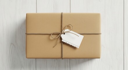 Wrapped Gift Box with Blank Tag on Rustic Wooden Background