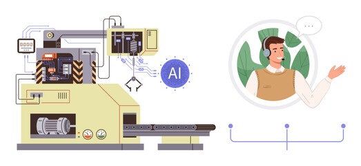 Automated industrial machine with robotic mechanisms and AI integration alongside a worker communicating via headset. Ideal for automation, AI, industry, communication, innovation, technology