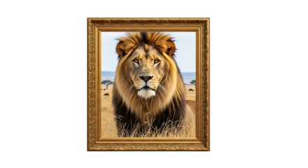 Majestic lion portrait framed intricately, displayed in a regal pose, on transparent background