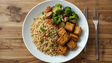 Low-calorie vegan meal with steamed vegetables quinoa and grilled tofu on a white plate top view high detail clean presentation realistic stock photo
