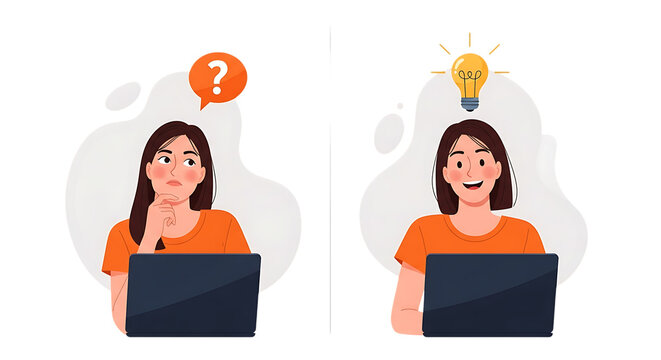 Confused woman searching idea, then found inspiration, vector cartoon style illustration on transparent background