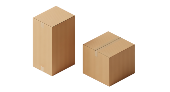 Two cardboard boxes, square and rectangular, sealed with tape on transparent background