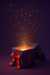 Surprise gift box opening with colorful confetti for New Year’s Eve celebration.