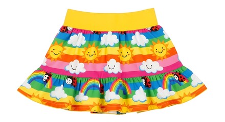 Colorful children's skirt with rainbow, sun, and cloud print.