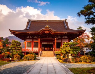 Serene temple, autumn foliage backdrop