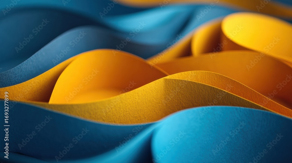 Poster vibrant blue and orange paper layers form dynamic waves in a creative workspace that inspires artist