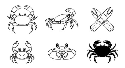 Six Outline and Silhouette Illustrations of Crabs in Various Poses on a White Background