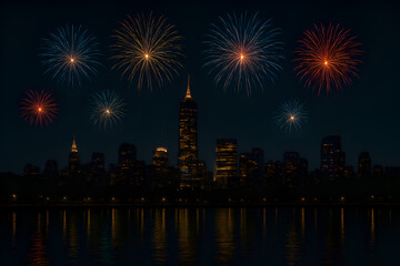 Stunning fireworks lighting up the city skyline, symbolizing New Year’s Eve celebration.