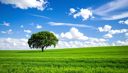 Serene tree in vibrant green field under a blue sky